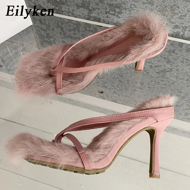 Peris Gems Eilyken Design Faux Fur Slipper High Heels Shoes Fall Best Street Females Square Head Toe Clip-On Sandals Women SHEIN Amazon Temu