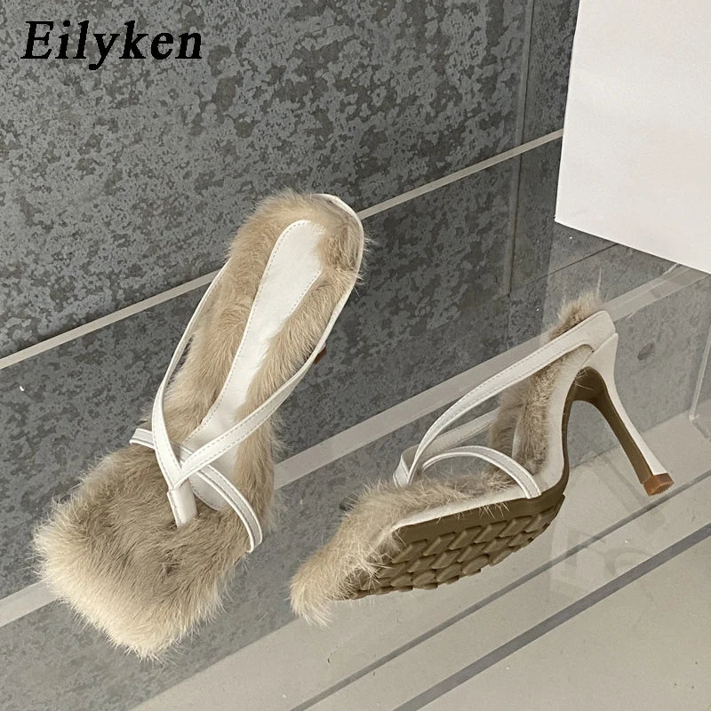 Peris Gems Eilyken Design Faux Fur Slipper High Heels Shoes Fall Best Street Females Square Head Toe Clip-On Sandals Women SHEIN Amazon Temu