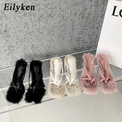 Peris Gems Eilyken Design Faux Fur Slipper High Heels Shoes Fall Best Street Females Square Head Toe Clip-On Sandals Women SHEIN Amazon Temu