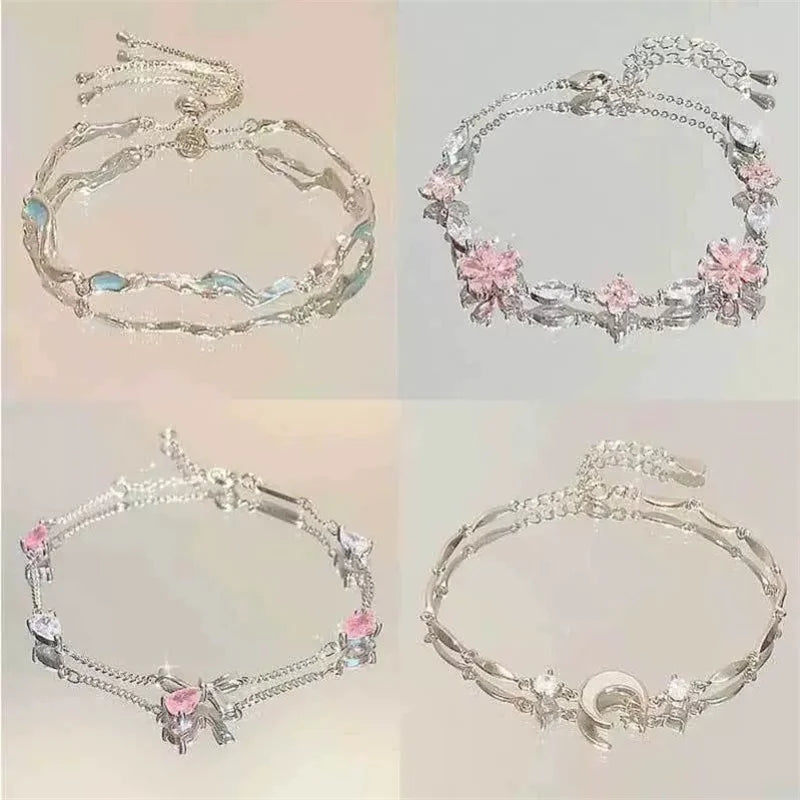 Peris Gems Elegant Crystal Flowers Bracelet For Women Y2K Sweet Girls Moon Cherry Blossom Bow Zircon Bracelets Luxury Designer Jewelry Gift SHEIN Amazon Temu