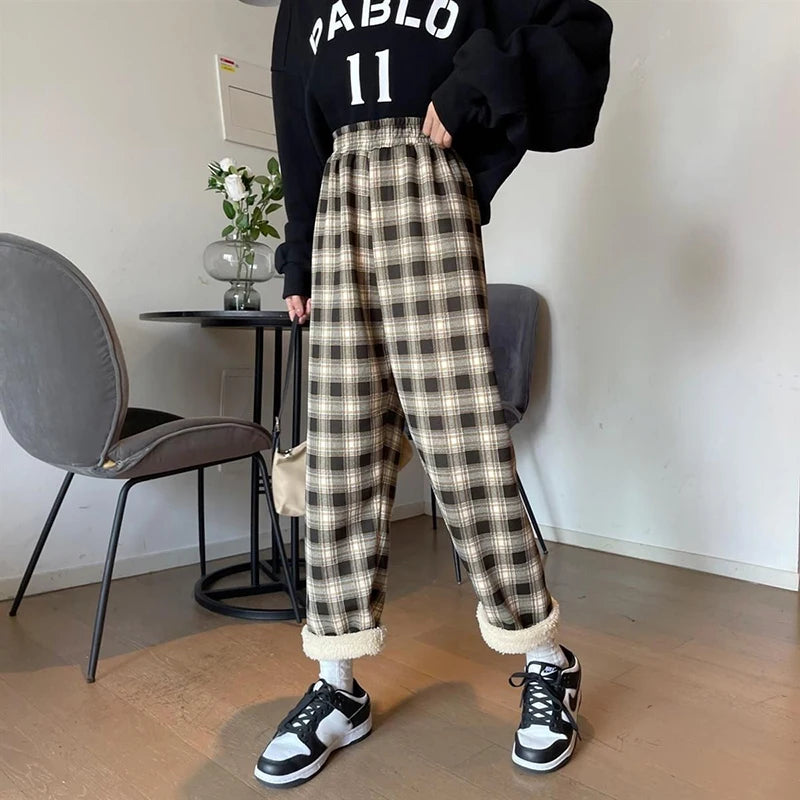 Peris Gems Fall Winter Thick Warm Plaid Pants Women Y2K Fashion Loose Causal Wide Leg Trousers High Waist Preppy All Match Straight Pants SHEIN Amazon Temu