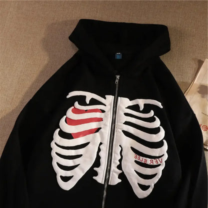 Peris Gems Fashion Y2K Skeleton Hoodies Women Gothic Black Zip Up Oversized Sweatshirt Ladies Retro Harajuku Hooded Jacket Streetwear SHEIN Amazon Temu