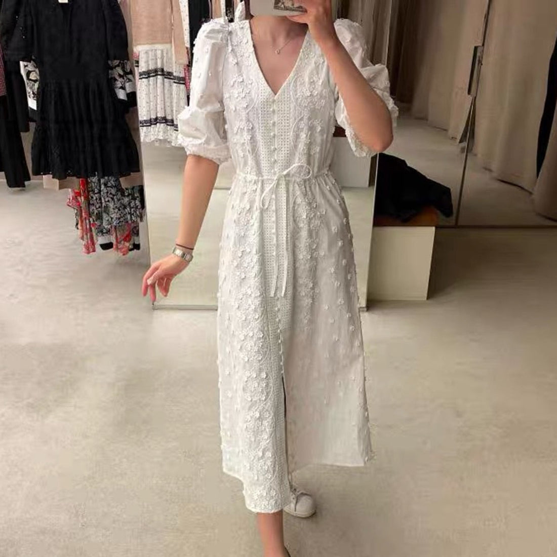 Peris Gems  French White Maxi Dress for Women | Puff Sleeve Elegant Dress French White Maxi Dress for Women Puff Sleeve Elegant Dress SHEIN Amazon Temu