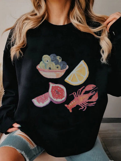 Peris Gems Fruit Lobster Print Casual Oversized Sweatshirts for Women Fall Spring Long Sleeve Round Neck Pullovers Tops Trendy Hoodies Y2K SHEIN Amazon Temu