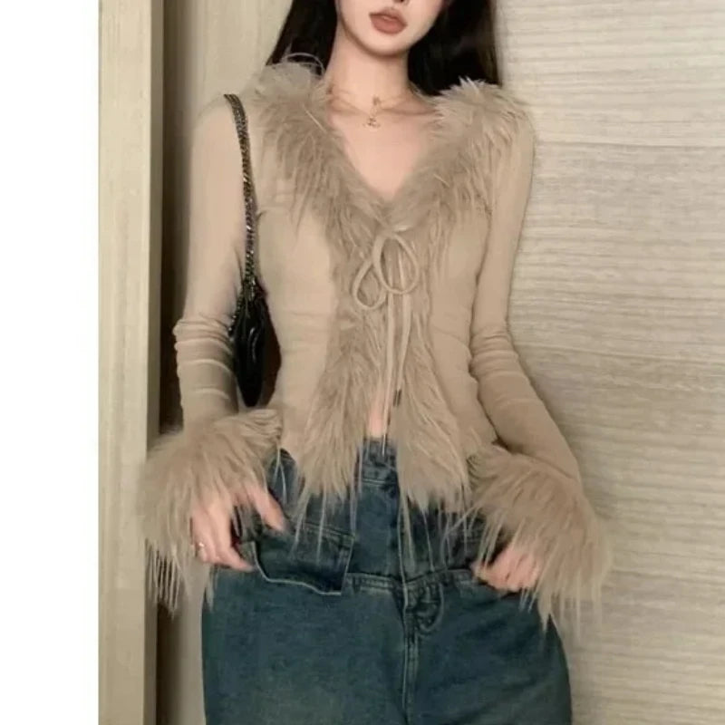 Peris Gems Fur Knitted Cardigan Women Furry Collar Outfit Cropped Fashion Hot Girls Popular Y2k Tops Autumn Korean Reviews Many Clothes SHEIN Amazon Temu