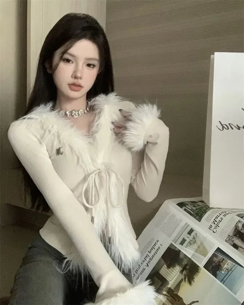 Peris Gems Fur Knitted Cardigan Women Furry Collar Outfit Cropped Fashion Hot Girls Popular Y2k Tops Autumn Korean Reviews Many Clothes SHEIN Amazon Temu