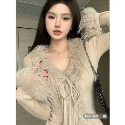 Peris Gems Fur Knitted Cardigan Women Furry Collar Outfit Cropped Fashion Hot Girls Popular Y2k Tops Autumn Korean Reviews Many Clothes SHEIN Amazon Temu