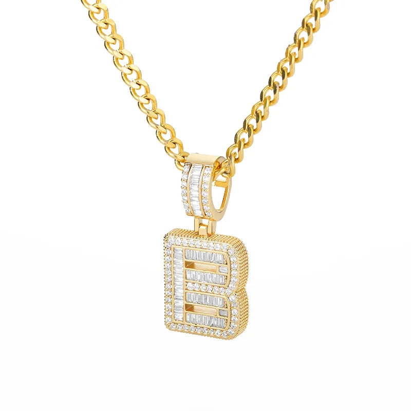 Peris Gems  Gold / B / 60cm Baguette Diamond A-Z Initial Pendant Necklaces Unisex SHEIN Amazon Temu