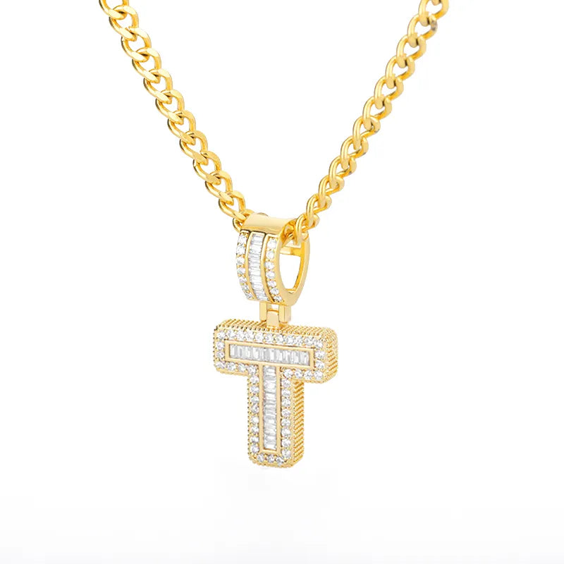 Peris Gems  Gold / T / 60cm Baguette Diamond A-Z Initial Pendant Necklaces Unisex SHEIN Amazon Temu