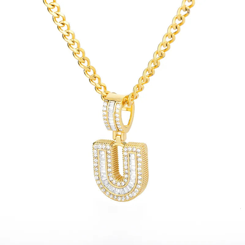 Peris Gems  Gold / U / 60cm Baguette Diamond A-Z Initial Pendant Necklaces Unisex SHEIN Amazon Temu