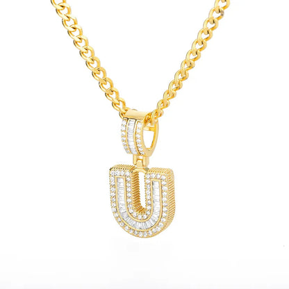 Peris Gems  Gold / U / 60cm Baguette Diamond A-Z Initial Pendant Necklaces Unisex SHEIN Amazon Temu