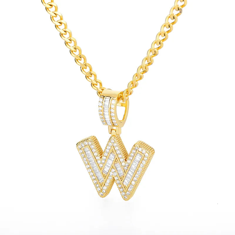 Peris Gems  Gold / W / 60cm Baguette Diamond A-Z Initial Pendant Necklaces Unisex SHEIN Amazon Temu