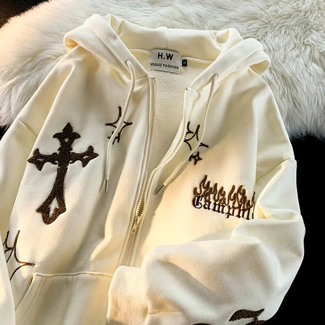 Peris Gems Gothic Embroidery Hoodies Women Retro Harajuku Hip Hop Jacket High Street Zip Up Hoodie Casual Loose Sweatshirt Clothes Y2K Tops SHEIN Amazon Temu