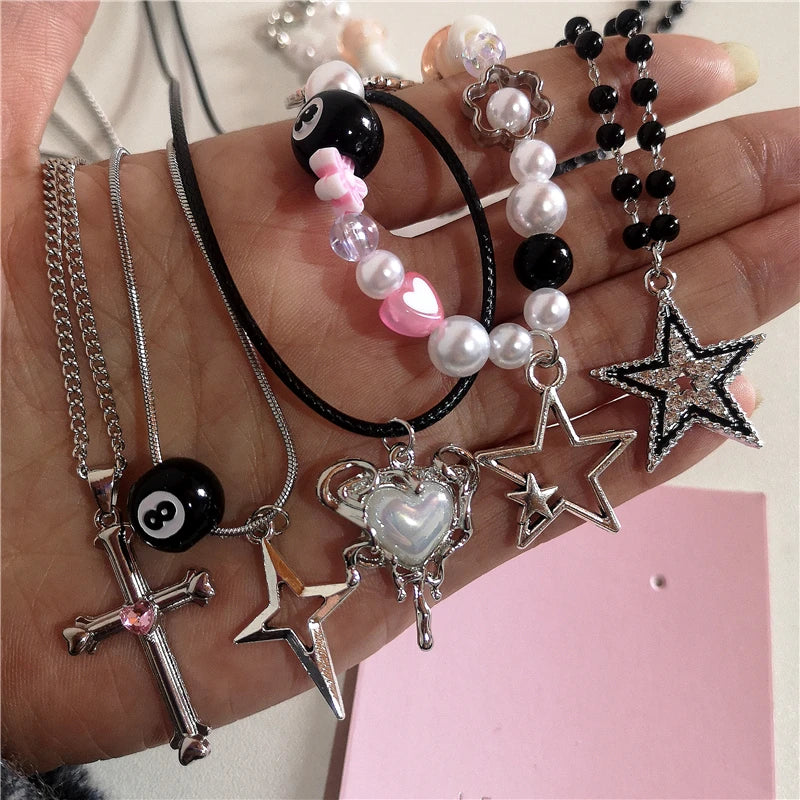 Peris Gems Gothic Star Cross Black 8 Ball Pendant Bead Choker Necklace Neck Grunge Women Y2k EMO 2000s Aesthetic Charm Jewelry Accessories SHEIN Amazon Temu