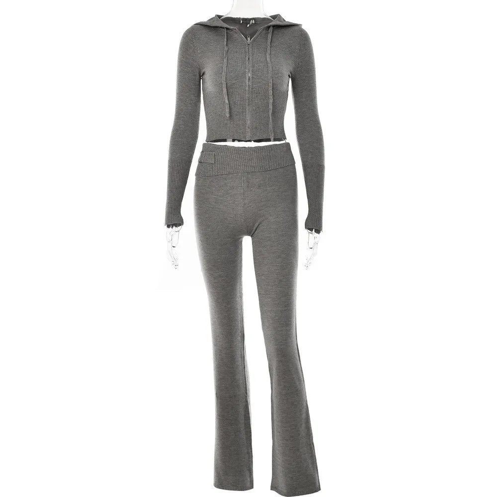 Peris Gems GRAY / L Knitted 2 Piece Sets Women Tracksuit Long Sleeve Zipper Hooded Sweater Crop Top Flare Pants Stretch Matching Suit Outfit SHEIN Amazon Temu