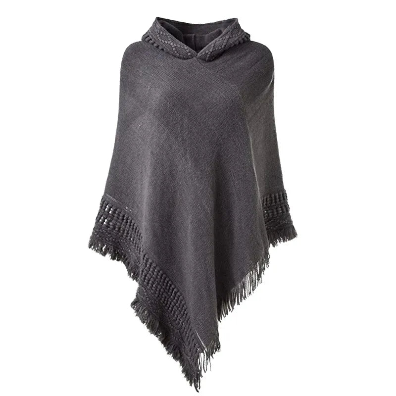 Peris Gems  Gray / One Size Casual Hooded Cloak Tassel Poncho Sweaters for Women SHEIN Amazon Temu