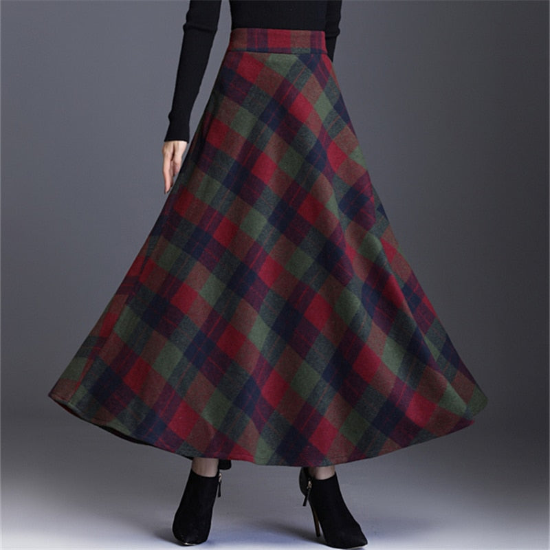 Thick Long Plaid Skirt for Women | Pleated Wool Skirt