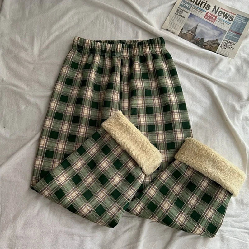 Peris Gems Green / XXL Fall Winter Thick Warm Plaid Pants Women Y2K Fashion Loose Causal Wide Leg Trousers High Waist Preppy All Match Straight Pants SHEIN Amazon Temu