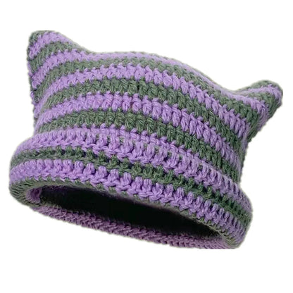 Peris Gems GreenPurple / One Size Cute Cat Ears Beanie Hats for Women Winter Striped Korean Punk Gothic Y2K Wool Knitted Streetwear Handmade Crochet Bucket Cap SHEIN Amazon Temu