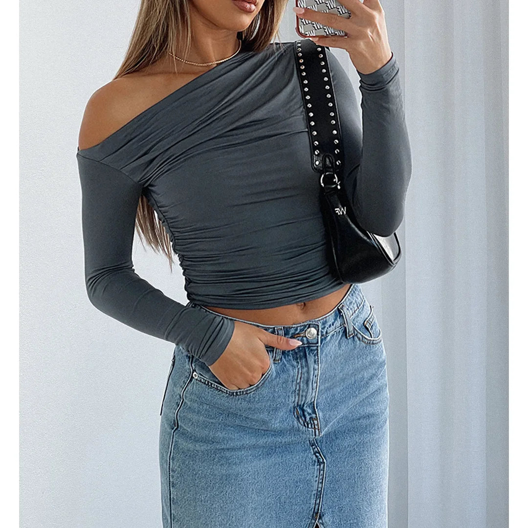 Peris Gems Grey / S Sexy Pleated T Shirts Fashion Cropped Top Sweatshirts Y2K Streetswear Fall Clothes Women Elegant Luxury One Shoulder Tops Tees SHEIN Amazon Temu