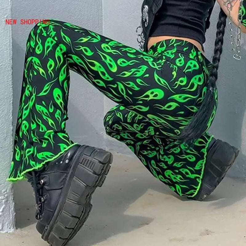 Peris Gems Harajuku Green Fire Print Flare Pants Emo Drunk Style High Waist Bell Bottom Sexy Women Streetwear Y2K Punk Trousers Winter Fall SHEIN Amazon Temu