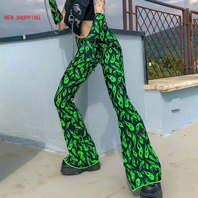 Peris Gems Harajuku Green Fire Print Flare Pants Emo Drunk Style High Waist Bell Bottom Sexy Women Streetwear Y2K Punk Trousers Winter Fall SHEIN Amazon Temu