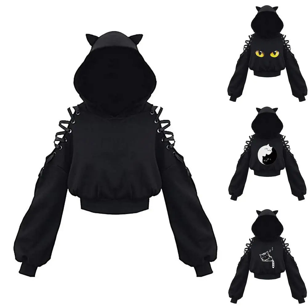 Peris Gems Harajuku Women Summer Top Long Sleeveless Cute Cat Ear Hooded Pullover Lace Up Sweatshirt Hollow Out Lace Up Hoodies Short Top SHEIN Amazon Temu