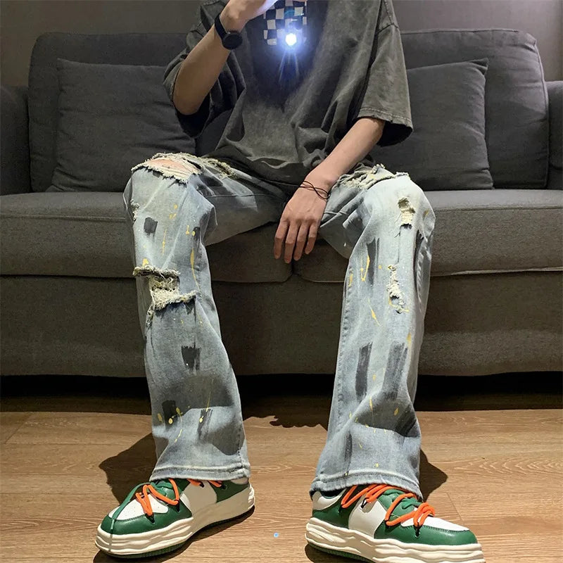 Peris Gems High Street Vibe Splash Ink Graffiti Jeans Y2k Harajuku Fashion Casual Tide Straight Leg Jeans Men Fall Thin Beggar Ripped Pants SHEIN Amazon Temu