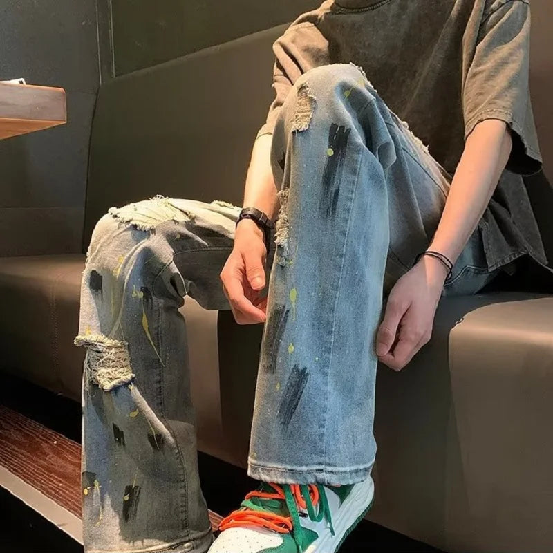 Peris Gems High Street Vibe Splash Ink Graffiti Jeans Y2k Harajuku Fashion Casual Tide Straight Leg Jeans Men Fall Thin Beggar Ripped Pants SHEIN Amazon Temu