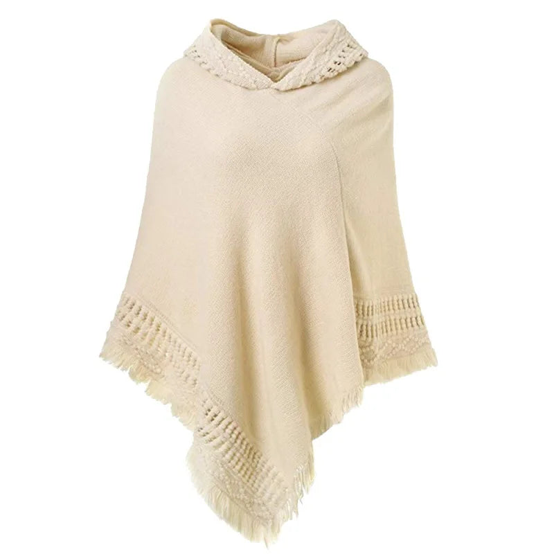 Peris Gems  Ivory / One Size Casual Hooded Cloak Tassel Poncho Sweaters for Women SHEIN Amazon Temu