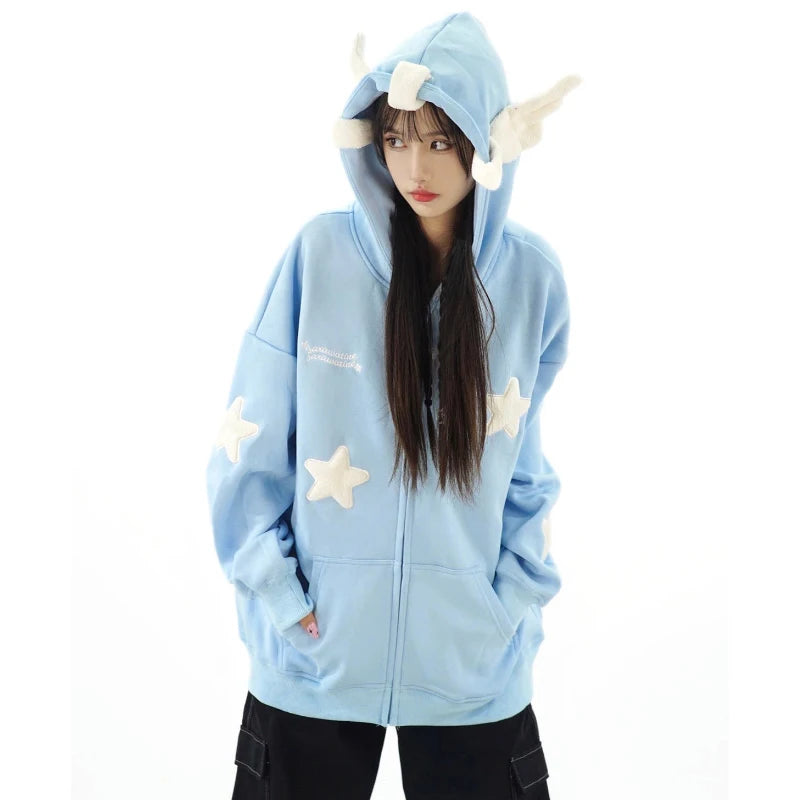 Peris Gems Japanese Kawaii Wing Hooded Loose Sweatshirt Women Autumn Long Sleeves Zipper Star Cardigan Oversized Coat Y2K Sweet Cute SHEIN Amazon Temu