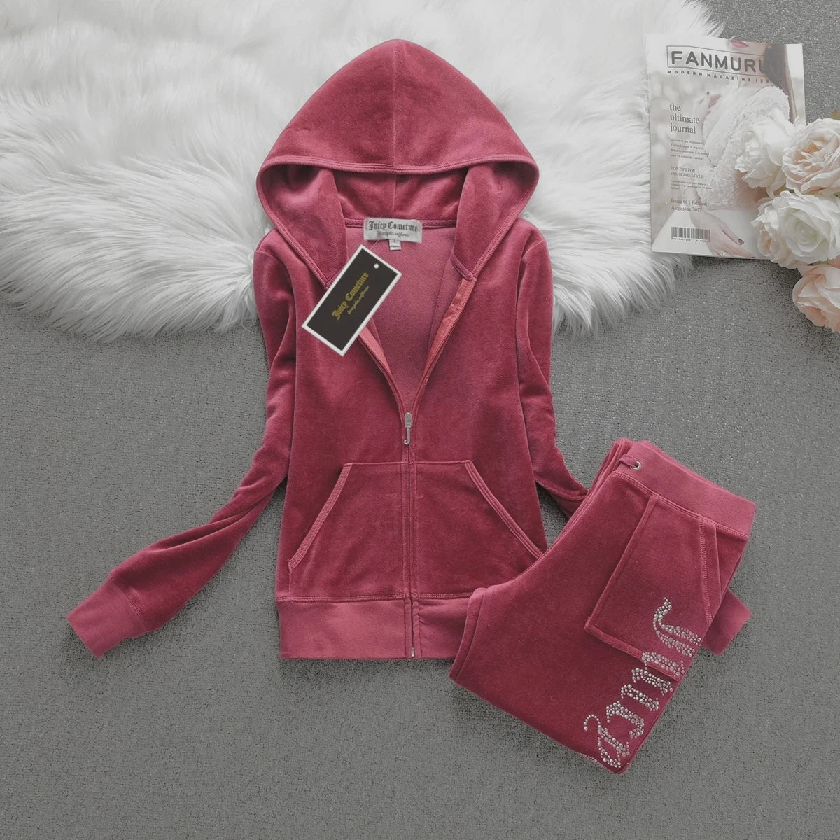 Peris Gems JUICY COMETURE Velvet Tracksuit Women New Sports Suit 2024 Winter Casual Warm Hooded Jacket Y2K Women&