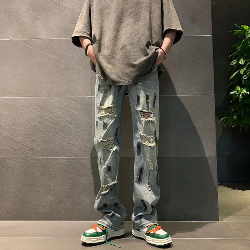 Peris Gems k531 Blue / L High Street Vibe Splash Ink Graffiti Jeans Y2k Harajuku Fashion Casual Tide Straight Leg Jeans Men Fall Thin Beggar Ripped Pants SHEIN Amazon Temu