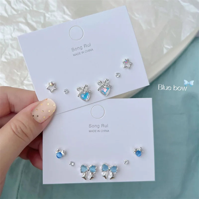 Peris Gems KADRUFI Y2K Blue Colorful Bow-knot Heart Shape Rhinestone Stud Earrings Set Women Korean Fashion Cute Earring Jewelry brincos SHEIN Amazon Temu