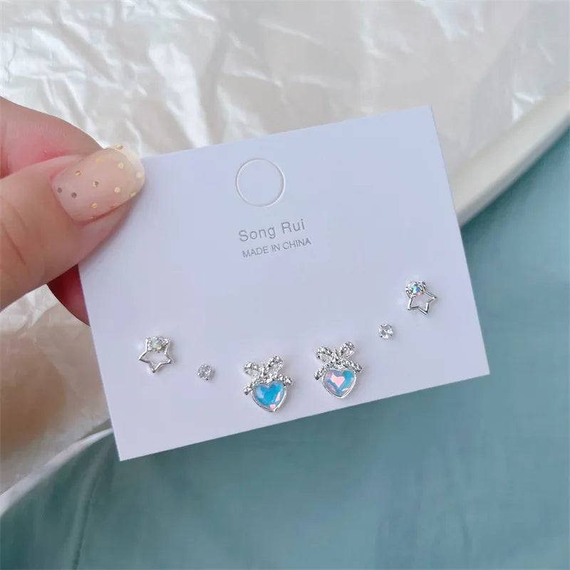 Peris Gems KADRUFI Y2K Blue Colorful Bow-knot Heart Shape Rhinestone Stud Earrings Set Women Korean Fashion Cute Earring Jewelry brincos SHEIN Amazon Temu