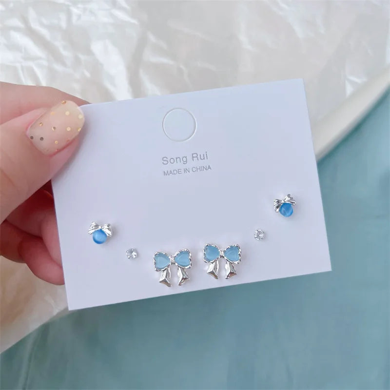 Peris Gems KADRUFI Y2K Blue Colorful Bow-knot Heart Shape Rhinestone Stud Earrings Set Women Korean Fashion Cute Earring Jewelry brincos SHEIN Amazon Temu