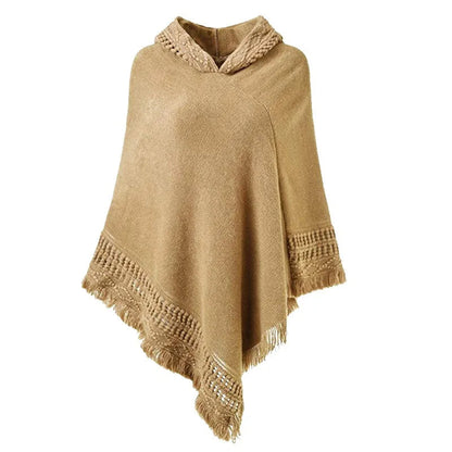 Peris Gems  Khaki / One Size Casual Hooded Cloak Tassel Poncho Sweaters for Women SHEIN Amazon Temu