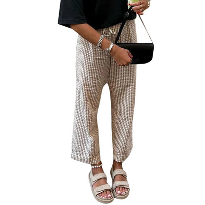 Peris Gems Khaki / S Women Summer Casual Pants Plaid Drawstring High Waist Straight Leg Trousers Y2K Striped Lounge Pants Female Trousers Streetwear SHEIN Amazon Temu