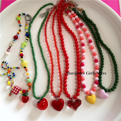 Peris Gems Kpop Fashion Heart Fruit Tomato Bowknot Pendant Colorful Beaded Necklace Woman Aesthetic Jewelry Cute Summer Y2K EMO Accessories SHEIN Amazon Temu