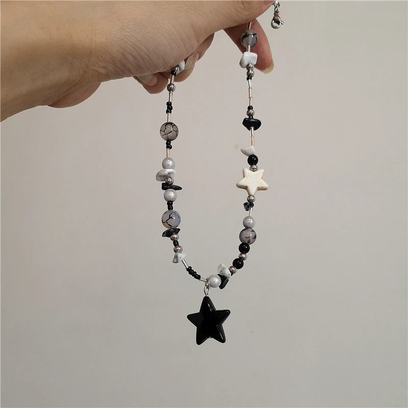 Peris Gems Kpop Goth Vintage Cool Y2K Star Pendant Beaded Silver Color Chain Necklace For Women Men Aesthetic Grunge EMO Jewely Accessory SHEIN Amazon Temu