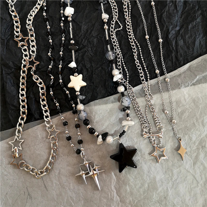 Peris Gems Kpop Goth Vintage Cool Y2K Star Pendant Beaded Silver Color Chain Necklace For Women Men Aesthetic Grunge EMO Jewely Accessory SHEIN Amazon Temu