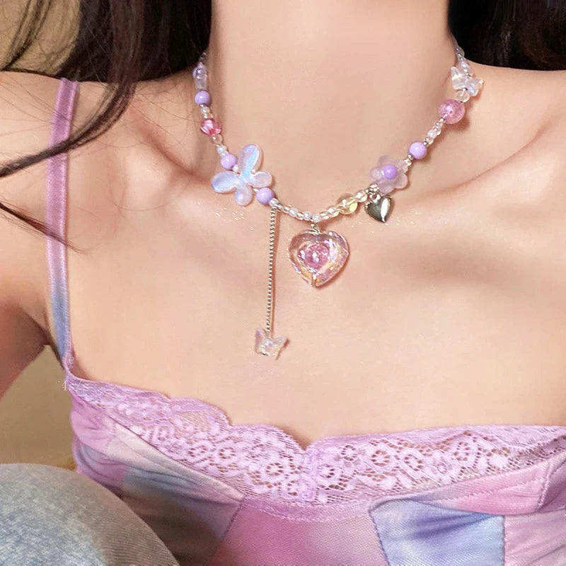 Peris Gems Kpop Goth Y2K Heart Butterfly Pendant Choker Colorful Necklace Clavicle Chain for Women Girl Punk Sweet Aesthetic Jewelry Party SHEIN Amazon Temu