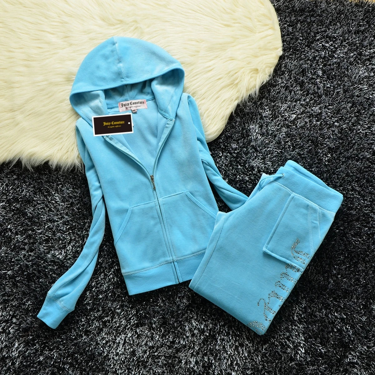 Peris Gems Light  Blue / L JUICY COMETURE Velvet Tracksuit Women New Sports Suit 2024 Winter Casual Warm Hooded Jacket Y2K Women&