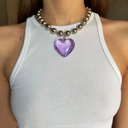 Peris Gems Light purple Grunge Fashion Glass Heart Pendant Necklace Y2K Oversize Ball Beads Chain Statement Choker Necklace for Women Club Punk Jewelry Grunge Fashion Glass Heart Pendant Necklace Y2K Oversize Ball Beads Chain Statement Choker Necklace for Women Club Punk Jewelry SHEIN Amazon Temu