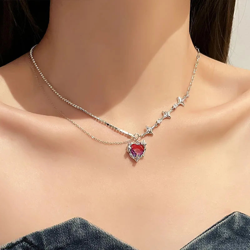 Peris Gems M Double Layer Red Zircon Rose Pendant Necklaces Y2K Layered Flower Stone Chain Necklace Irregular Floral Aesthetic Jewelry Gifts SHEIN Amazon Temu