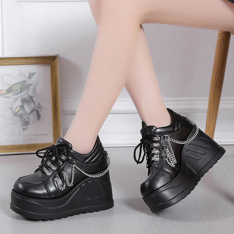 Peris Gems Metal Chain Punk Gothic Shoes Woman Thick Bottom High Wedge Sneakers for Women 2023 New Black Chunky Platform Y2K Uniform Shoes SHEIN Amazon Temu