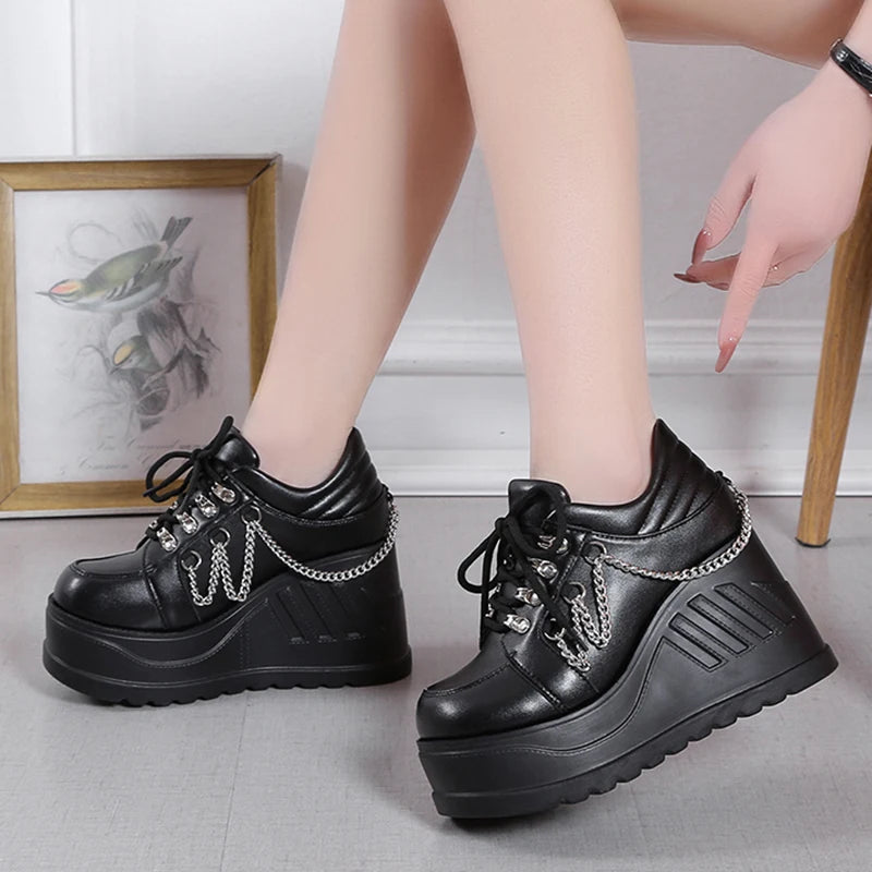 Peris Gems Metal Chain Punk Gothic Shoes Woman Thick Bottom High Wedge Sneakers for Women 2023 New Black Chunky Platform Y2K Uniform Shoes SHEIN Amazon Temu