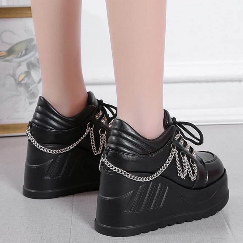 Peris Gems Metal Chain Punk Gothic Shoes Woman Thick Bottom High Wedge Sneakers for Women 2023 New Black Chunky Platform Y2K Uniform Shoes SHEIN Amazon Temu