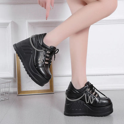 Peris Gems Metal Chain Punk Gothic Shoes Woman Thick Bottom High Wedge Sneakers for Women 2023 New Black Chunky Platform Y2K Uniform Shoes SHEIN Amazon Temu