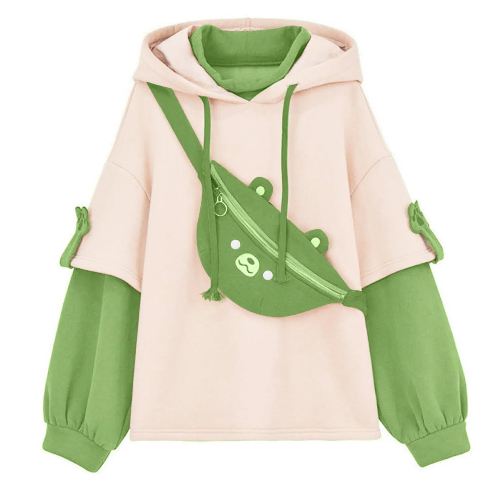 Peris Gems Mint Green / S Kawaii Cute Oversize Hoodie With Bear Bag Womens Autumn Patchwork Sweatshirts Pullovers Japanese Streetwear Aesthetic Hoodies SHEIN Amazon Temu